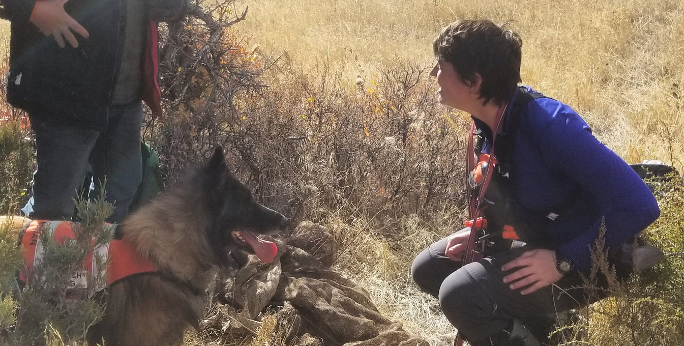 A woman crouches down in front of her search and rescue dog. 